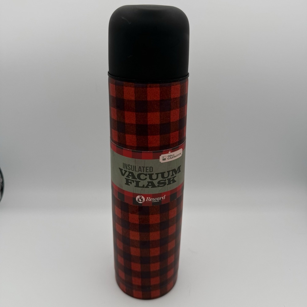 Insulated Vacuum Flask Thermos 32oz Red & Black Plaid Water Bottle Brand